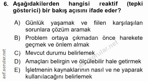 6. soru: Aşağıdakilerden hangisi reaktif (tepki gösterici) bir bakış açısını ifade eder? A) Günlük yaşamak ve fiilen karşılaşı…