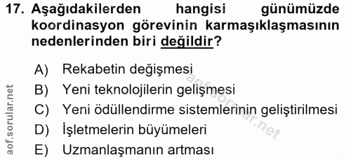 17. soru: Aşağıdakilerden hangisi günümüzde koordinasyon görevinin karmaşıklaşmasının nedenlerinden biri değildir? A) Rekabetin…