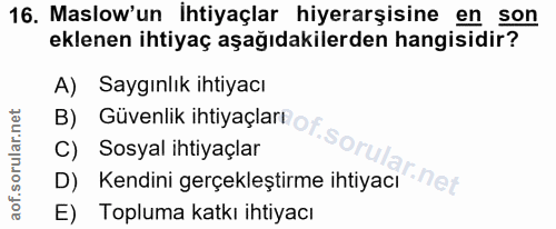 16. soru: Maslow'un ihtiyaçlar hiyerarşisine en son eklenen ihtiyaç aşağıdakilerden hangisidir? A) Saygınlık ihtiyacı B) Güvenl…