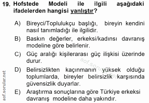 19. soru: Hofstede Modeli ile ilgili aşağıdaki ifadelerden hangisi yanlıştır? A) Bireyci/Toplulukçu başlığı, bireyin kendini na…