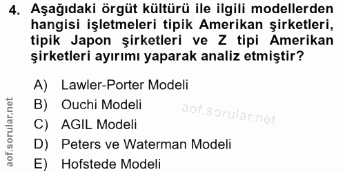 4. soru: Aşağıdaki örgüt kültürü ile ilgili modellerden hangisi işletmeleri tipik Amerikan şirketleri, tipik Japon şirketleri…