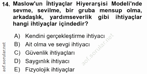 14. soru: Maslow'un İhtiyaçlar Hiyerarşisi Modeli'nde sevme, sevilme, bir gruba mensup olma, arkadaşlık, yardımseverlik gibi ih…