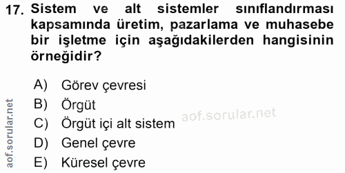 17. soru: Sistem ve alt sistemler sınıflandırması kapsamında üretim, pazarlama ve muhasebe bir işletme için aşağıdakilerden han…