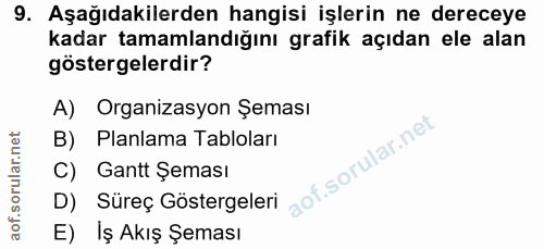 9. soru: Aşağıdakilerden hangisi işlerin ne dereceye kadar tamamlandığını grafik açıdan ele alan göstergelerdir? A) Organizasy…