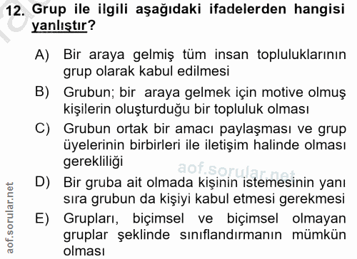 12. soru: Grup ile ilgili aşağıdaki ifadelerden hangisi yanlıştır? A) Bir araya gelmiş tüm insan topluluklarının grup olarak ka…