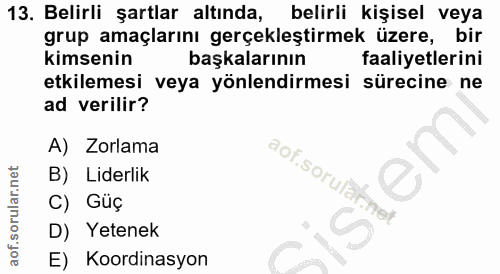 13. soru: Belirli şartlar altında, belirli kişisel veya grup amaçlarını gerçekleştirmek üzere, bir kimsenin başkalarının faaliy…