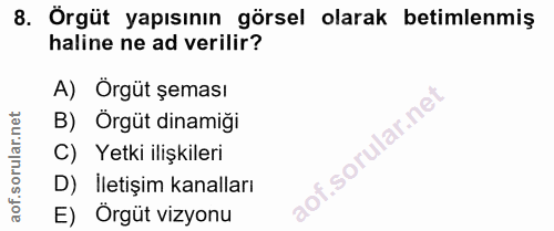 8. soru: Örgüt yapısının görsel olarak betimlenmiş haline ne ad verilir? A) Örgüt şeması B) Orgüt dinamiği C) Yetki ilişkileri…