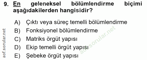 9. soru: En geleneksel bölümlendirme biçimi aşağıdakilerden hangisidir? A) Çıktı veya süreç temelli bölümlendirme B) Fonksiyon…