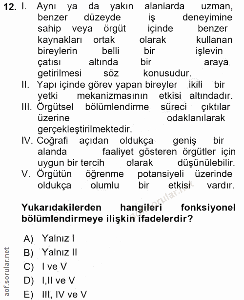 12. soru: I. Aynı ya da yakın alanlarda uzman, benzer düzeyde is deneyimine sahip veya örgüt içinde benzer kaynakları ortak ola…