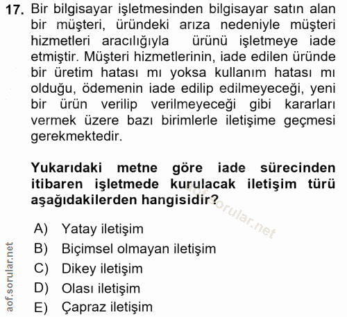 17. soru: Bir bilgisayar işletmesinden bilgisayar satın alan bir müşteri, üründeki arıza nedeniyle müşteri hizmetleri aracılığı…