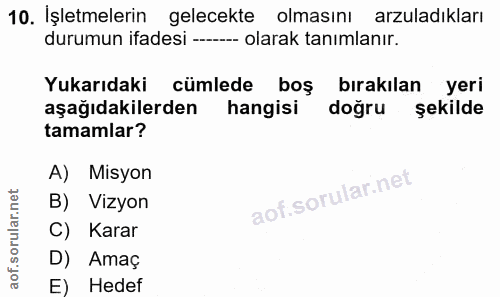 10. soru: İşletmelerin gelecekte olmasını arzuladıkları durumun ifadesi ------- olarak tanımlanır. Yukarıdaki cümlede boş bırak…