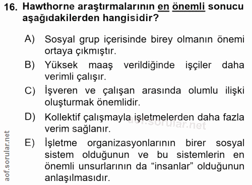 16. soru: Hawthorne araştırmalarının en önemli sonucu aşağıdakilerden hangisidir? A) Sosyal grup içerisinde birey olmanın önemi…
