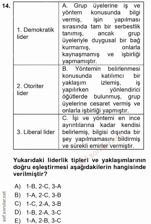 14. soru: A. Grup üyelerine iş ve yöntem konusunda bilgi vermiş, işin yapılması 1. Demokratik sırasında tam bir serbestlik tanı…