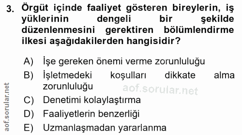3. soru: Örgüt içinde faaliyet gösteren bireylerin, iş yüklerinin dengeli bir şekilde düzenlenmesini gerektiren bölümlendirme…
