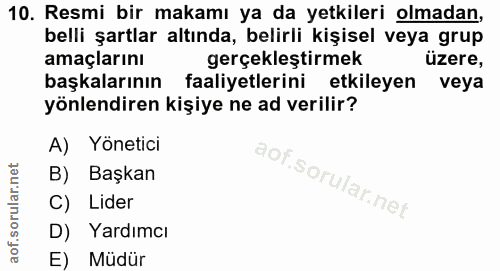 10. soru: Resmi bir makamı ya da yetkileri olmadan, belli şartlar altında, belirli kişisel veya grup amaçlarını gerçekleştirmek…