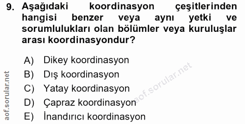 9. soru: Aşağıdaki koordinasyon çeşitlerinden hangisi benzer veya aynı yetki ve sorumlulukları olan bölümler veya kuruluşlar a…