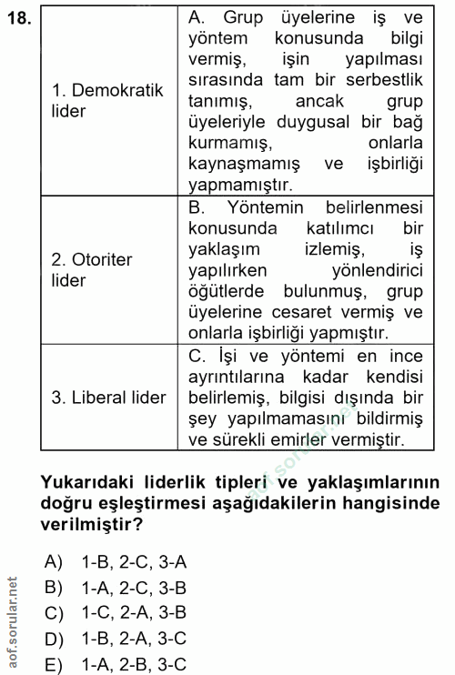 18. soru: A. Grup üyelerine iş ve yöntem konusunda bilgi vermiş, işin yapılması 1. Demokratik sırasında tam bir serbestlik lide…
