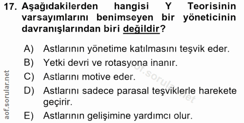 17. soru: Aşağıdakilerden hangisi Y Teorisinin varsayımlarını benimseyen bir yöneticinin davranışlarından biri değildir? A) Ast…