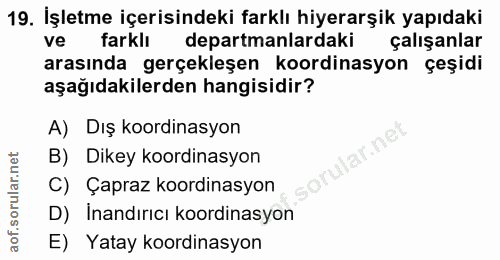 19. soru: İşletme içerisindeki farklı hiyerarşik yapıdaki farklı departmanlardaki çalışanlar arasında gerçekleşen koordinasyon…