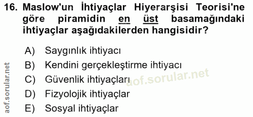16. soru: Maslow'un Ihtiyaçlar Hiyerarşisi Teorisi'ne göre piramidin en üst basamağındaki ihtiyaçlar aşağıdakilerden hangisidir…