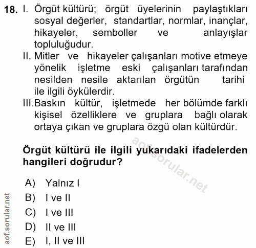 18. soru: I. Örgüt kültürü; örgüt üyelerinin paylaştıkları sosyal değerler, standartlar, normlar, inançlar, hikayeler, sembolle…