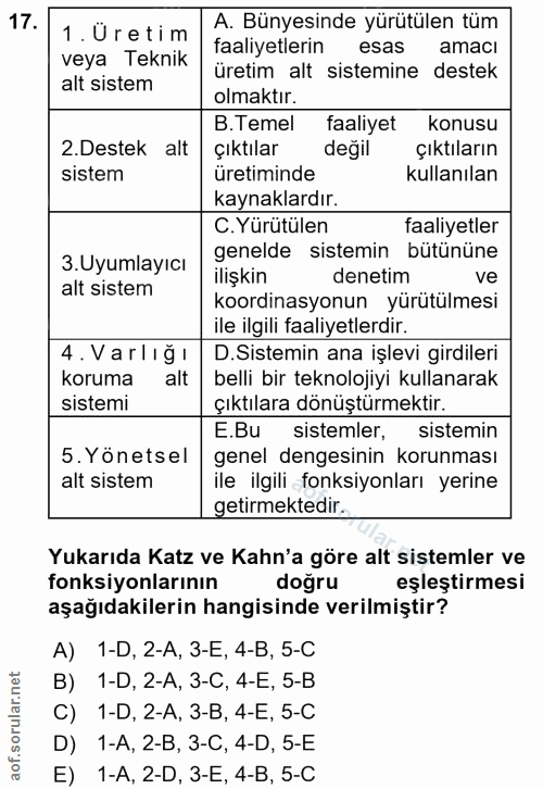 17. soru: 1. Üretim A. Bünyesinde yürütülen tüm veya Teknik faaliyetlerin esas amacı üretim alt sistemine destek alt sistem olm…