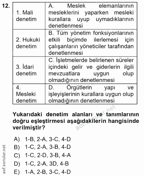 12. soru: A. Meslek elemanlarının 1. Mali mesleklerini yaparken mesleki denetim kurallara uyup uymadıklarının denetlenmesi B. T…