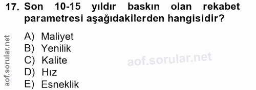 17. soru: Son 10-15 yıldır baskın olan rekabet parametresi aşağıdakilerden hangisidir? A) Maliyet B) Yenilik C) Kalite D) Hız E…