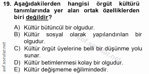 19. soru: Aşağıdakilerden hangisi örgüt kültürü tanımlarında yer alan ortak özelliklerden biri değildir? A) Kültür bütüncül bir…