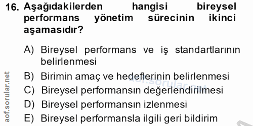 16. soru: Aşağıdakilerden hangisi bireysel performans yönetim sürecinin ikinci aşamasıdır? A) Bireysel performans ve iş standar…
