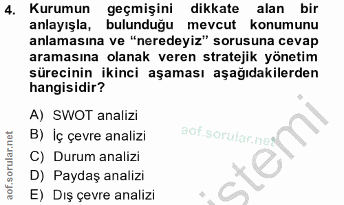 4. soru: Kurumun geçmişini dikkate alan bir anlayışla, bulunduğu mevcut konumunu anlamasına ve "neredeyiz" sorusuna cevap aram…