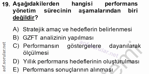 19. soru: Aşağıdakilerden hangisi performans yönetim sürecinin aşamalarından biri değildir? A) Stratejik amaç ve hedeflerin bel…
