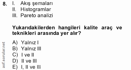 8. soru: I. Akış şemaları II. Histogramlar III. Pareto analizi Yukarıdakilerden hangileri kalite araç ve teknikleri arasında y…