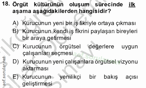 18. soru: Örgüt kültürünün oluşum sürecinde ilk aşama aşağıdakilerden hangisidir? A) Kurucunun yeni bir iş fikriyle ortaya çıkm…
