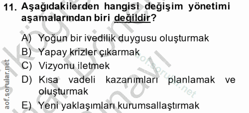 11. soru: Aşağıdakilerden hangisi değişim yönetimi aşamalarından biri değildir? A) Yoğun bir ivedilik duygusu oluşturmak B) Yap…