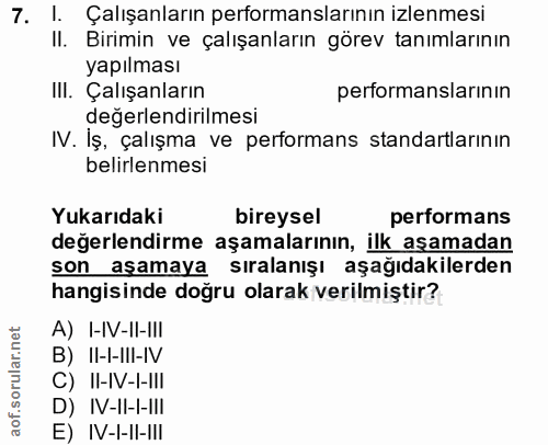 7. soru: I. Çalışanların performanslarının izlenmesi II. Birimin ve çalışanların görev tanımlarının yapılması III. Çalışanları…