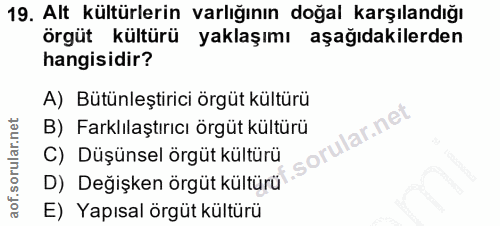 19. soru: Alt kültürlerin varlığının doğal karşılandığı örgüt kültürü yaklaşımı aşağıdakilerden hangisidir? A) Bütünleştirici ö…