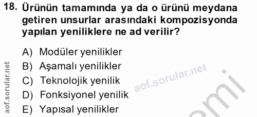 18. soru: Ürünün tamamında ya da o ürünü meydana getiren unsurlar arasındaki kompozisyonda yapılan yeniliklere ne ad verilir? A…
