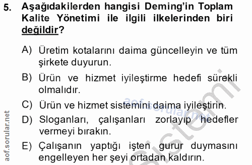 5. soru: Aşağıdakilerden hangisi Deming'in Toplam Kalite Yönetimi ile ilgili ilkelerinden biri değildir? A) Üretim kotlarını d…