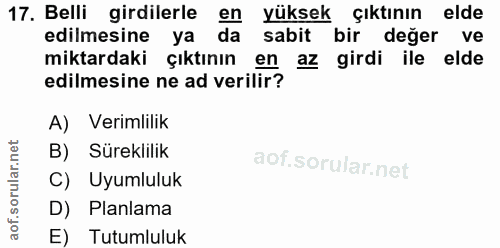 17. soru: Belli girdilerle en yüksek çıktının elde edilmesine ya da sabit bir değer ve miktardaki çıktının en az girdi ile elde…