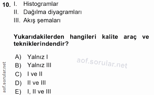 10. soru: l. Histogramlar Il. Dağılma diyagramları III. Akış şemaları Yukarıdakilerden hangileri kalite araç ve tekniklerindend…