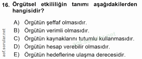 16. soru: Örgütsel etkililiğin tanımı aşağıdakilerden hangisidir? A) Örgütün şeffaf olmasıdır. B) Örgütün verimli olmasıdır. C)…