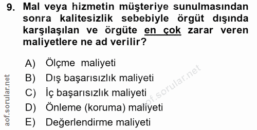 9. soru: Mal veya hizmetin müşteriye sunulmasından sonra kalitesizlik sebebiyle örgüt dışında karşılaşılan ve örgüte en çok za…