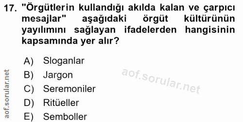 17. soru: "Örgütlerin kullandığı akılda kalan ve çarpıcı mesajlar" aşağıdaki örgüt kültürünün yayılımını sağlayan ifadelerden h…