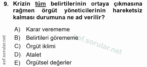 9. soru: Krizin tüm belirtilerinin ortaya çıkmasına ragmen örgüt yöneticilerinin hareketsiz kalması durumuna ne ad verilir? B)…