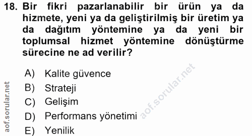18. soru: Bir fikri pazarlanabilir bir ürün ya da hizmete, yeni ya da geliştirilmiş bir üretim ya da dağıtım yöntemine ya da ye…