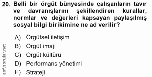 20. soru: Belli bir örgüt bünyesinde çalışanların tavır ve davranışlarını şekillendiren kurallar, normlar ve değerleri kapsayan…
