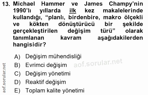 13. soru: Michael Hammer ve James Champy'nin 1990'lı yıllarda ilk kez makalelerinde kullandığı, "planlı, birdenbire, makro ölçe…