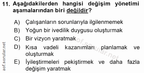 11. soru: Aşağıdakilerden hangisi değişim yönetimi aşamalarından biri değildir? A) Çalışanların sorunlarıyla ilgilenmemek B) Yo…