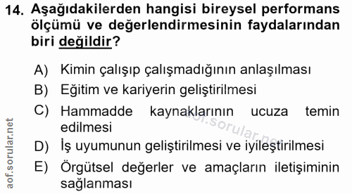 14. soru: Aşağıdakilerden hangisi bireysel performans ölçümü ve değerlendirmesinin faydalarından biri değildir? A) Kimin çalışı…